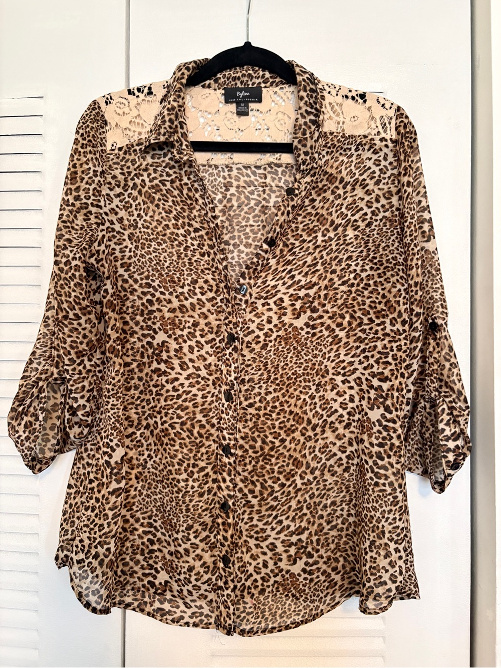 AS-IS/Final Price Leopard Print Button Front Blouse Sheer Lace Panel Size M -